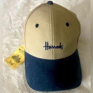 Harrods Knightsbridge Suede Navy Blue Baseball Cap Beige Leather Strap Luxury